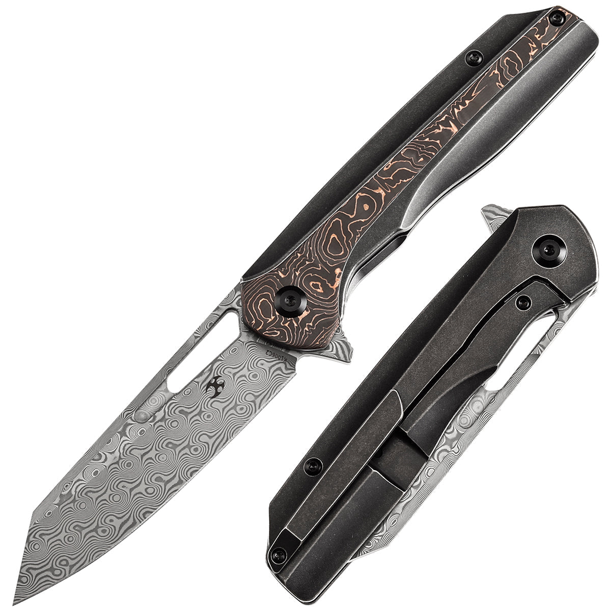 Kansept Shard K1006C2 front view – 3.48" Damascus reverse tanto folding knife
