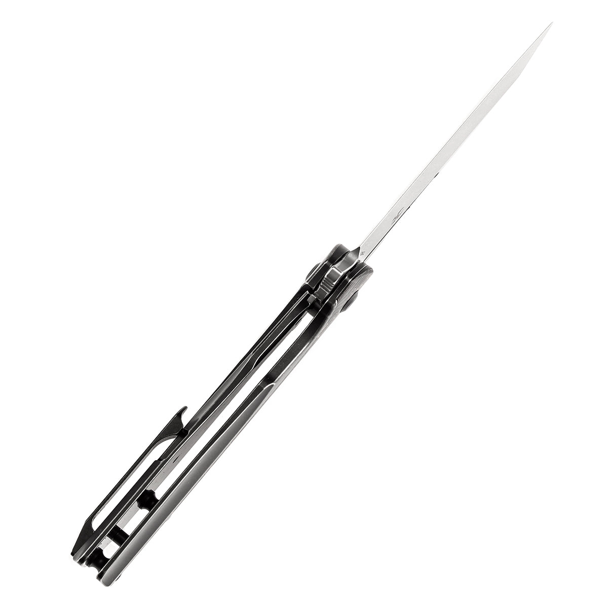 Kansept Shard K1006C2 open position showing Damascus reverse tanto blade