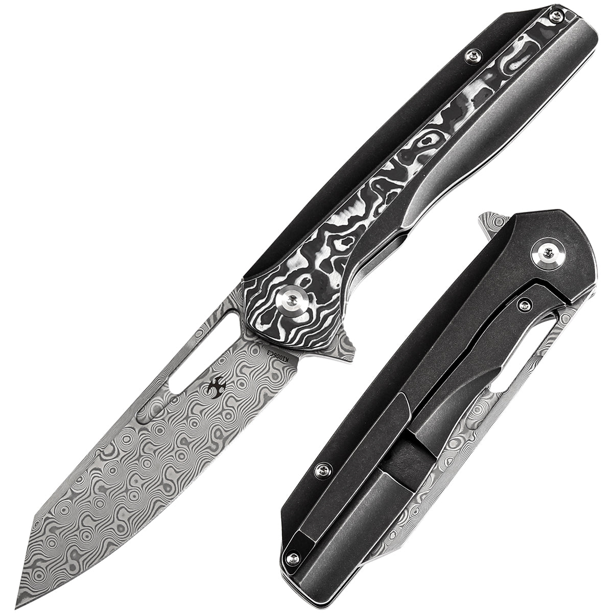 Kansept Shard K1006C3 front view – 3.48" Damascus reverse tanto folding knife