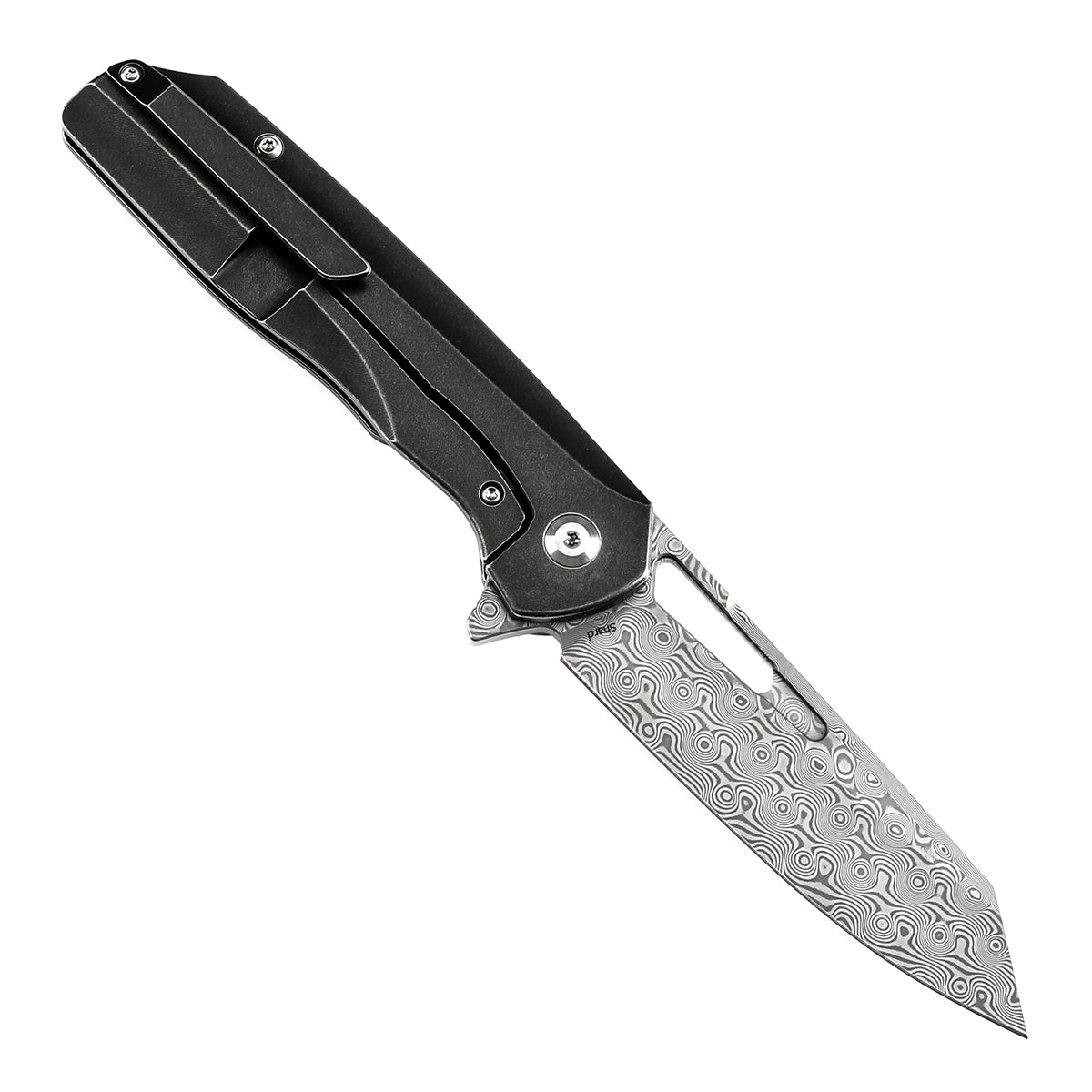 Kansept Shard K1006C3 open position showing Damascus reverse tanto blade