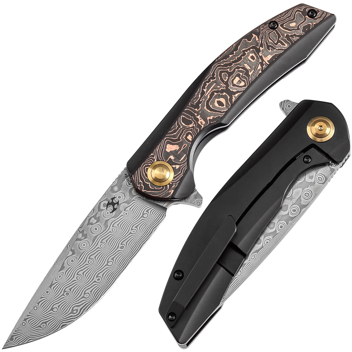 Kansept Accipiter K1007E4 front view – 3.50" Damascus drop point folding knife
