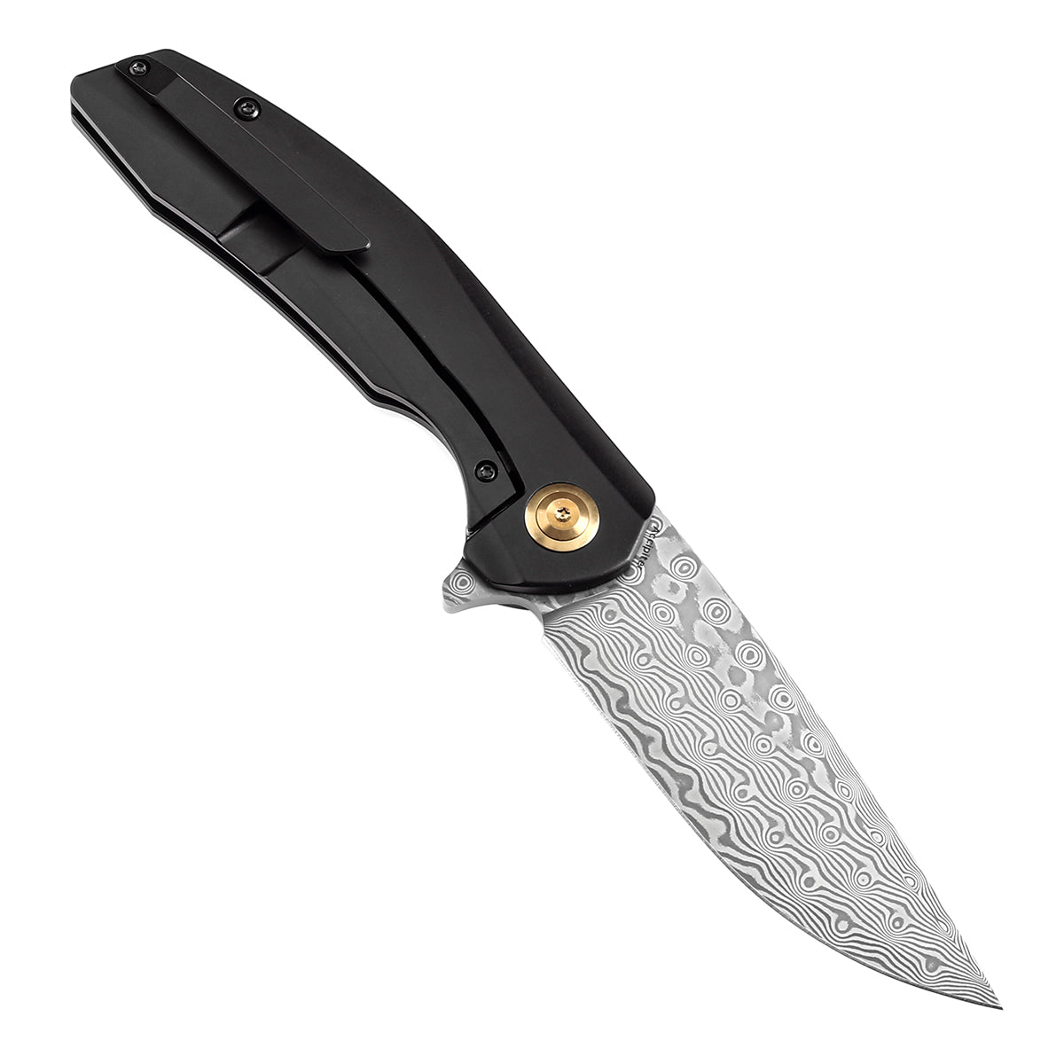 Kansept Accipiter K1007E4 open position showing Damascus drop point blade