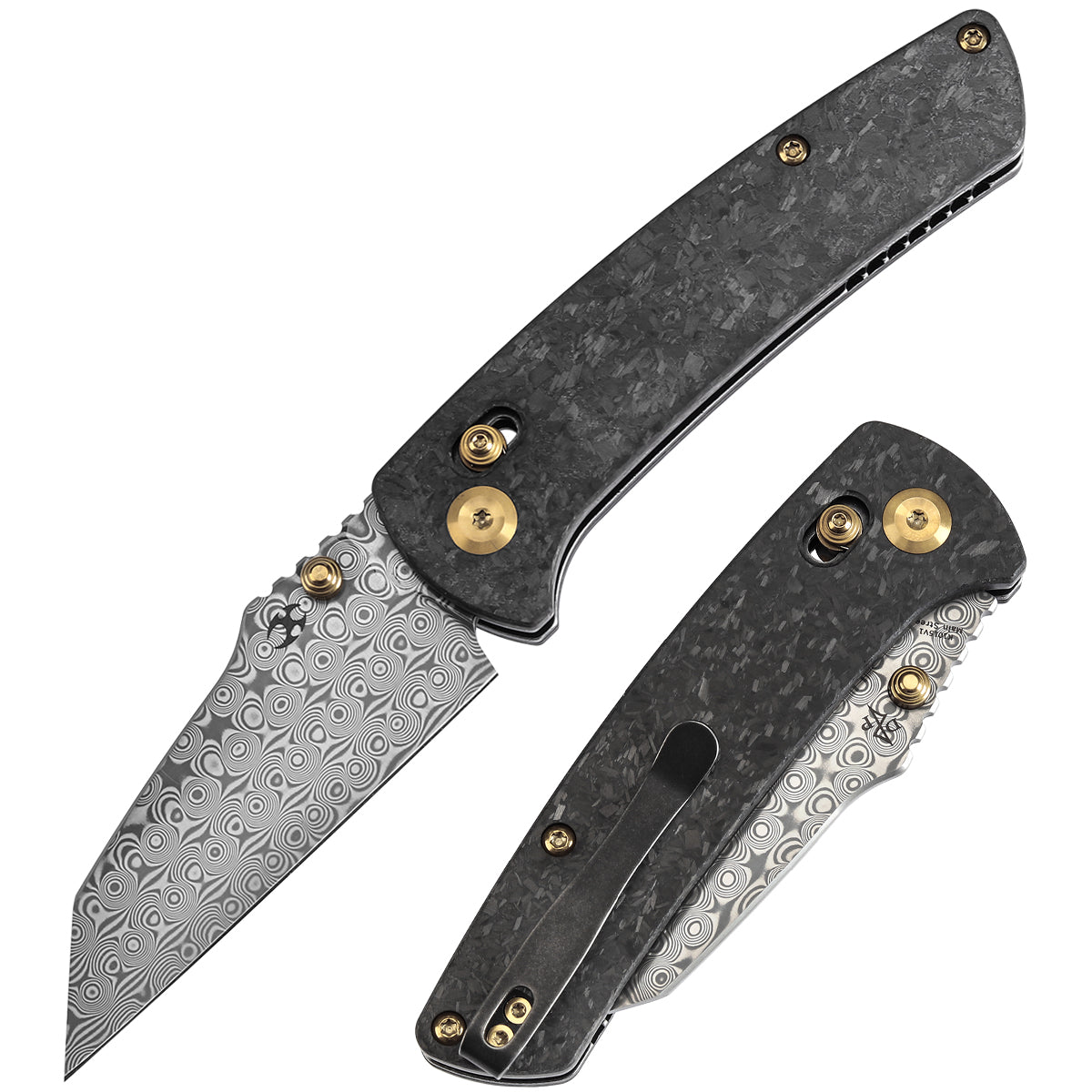 Kansept Main Street K1015V1 front view – 3.36" Damascus Wharncliffe folding knife