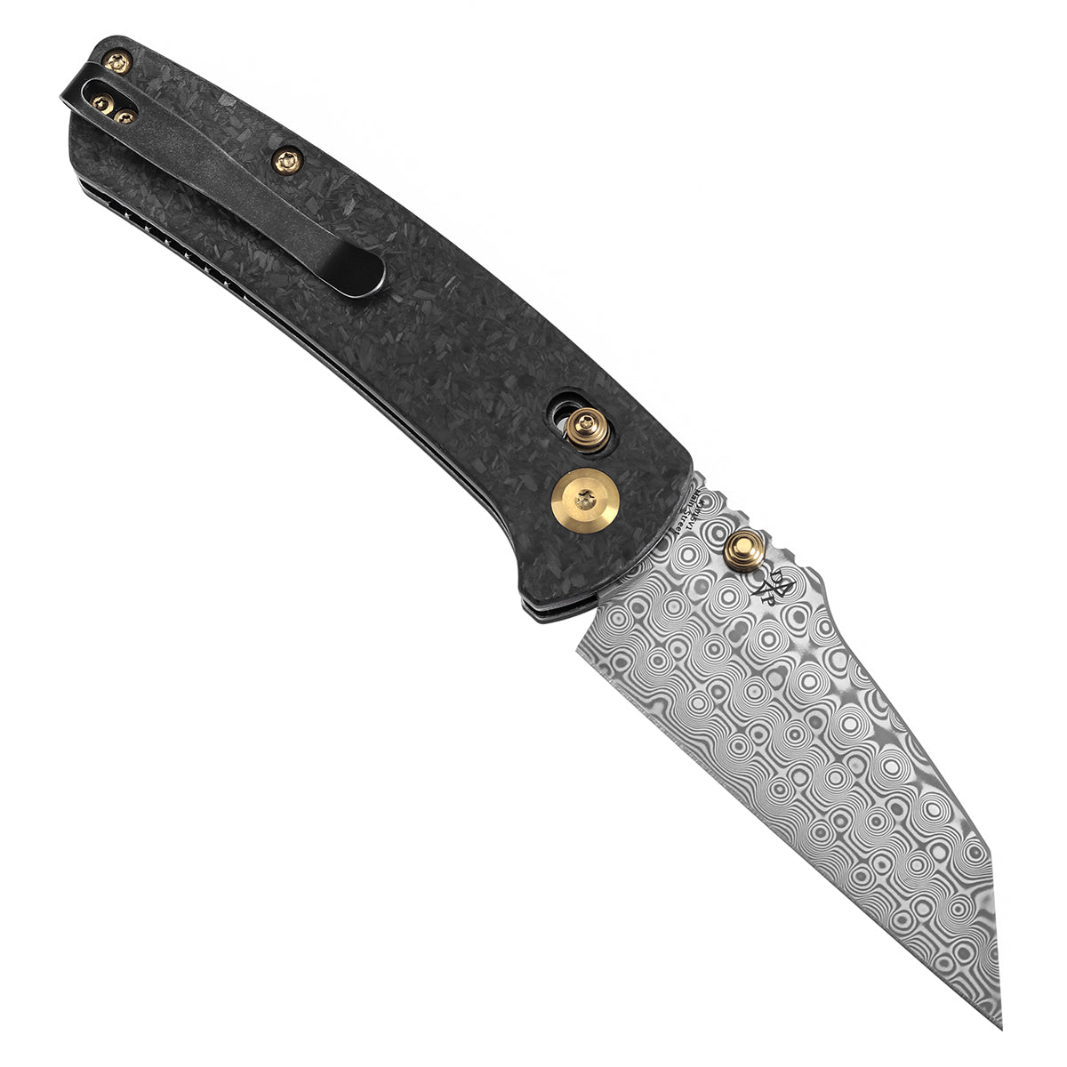 Kansept Main Street K1015V1 open position showing Damascus Wharncliffe blade