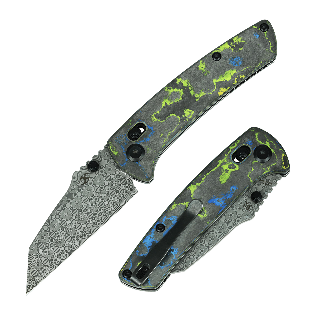Kansept Main Street K1015V5 front view – 3.36" blackwash Damascus wharncliffe folding knife