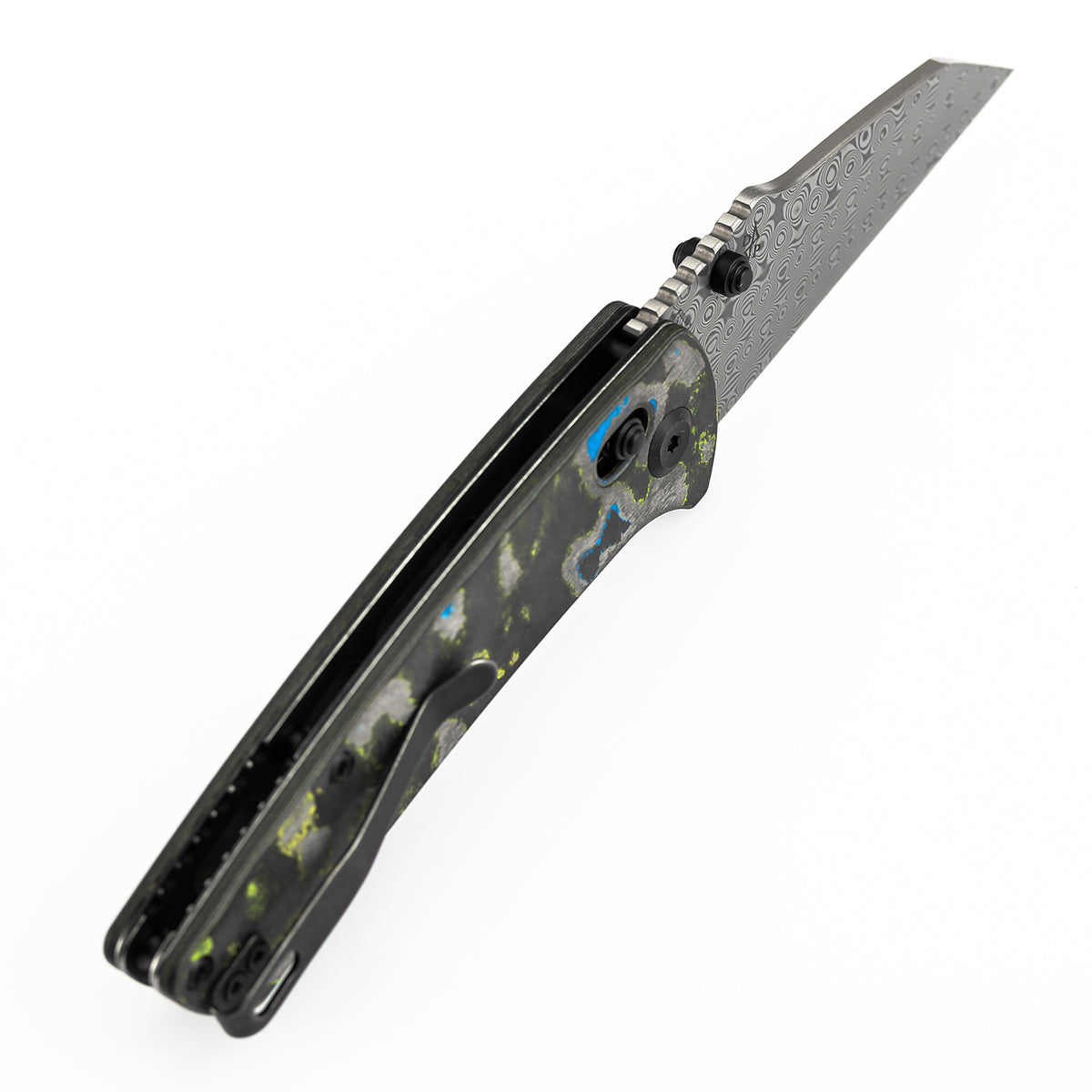 Kansept Main Street K1015V5 open position showing Damascus wharncliffe blade