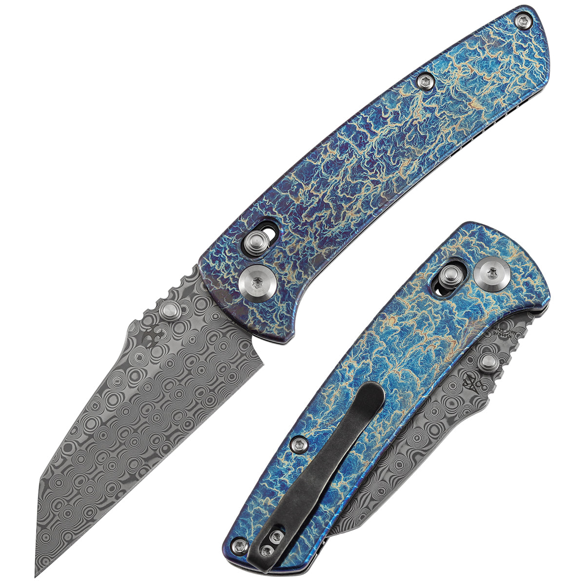 Kansept Main Street K1015V6 front view – 3.36" Damascus wharncliffe folding knife