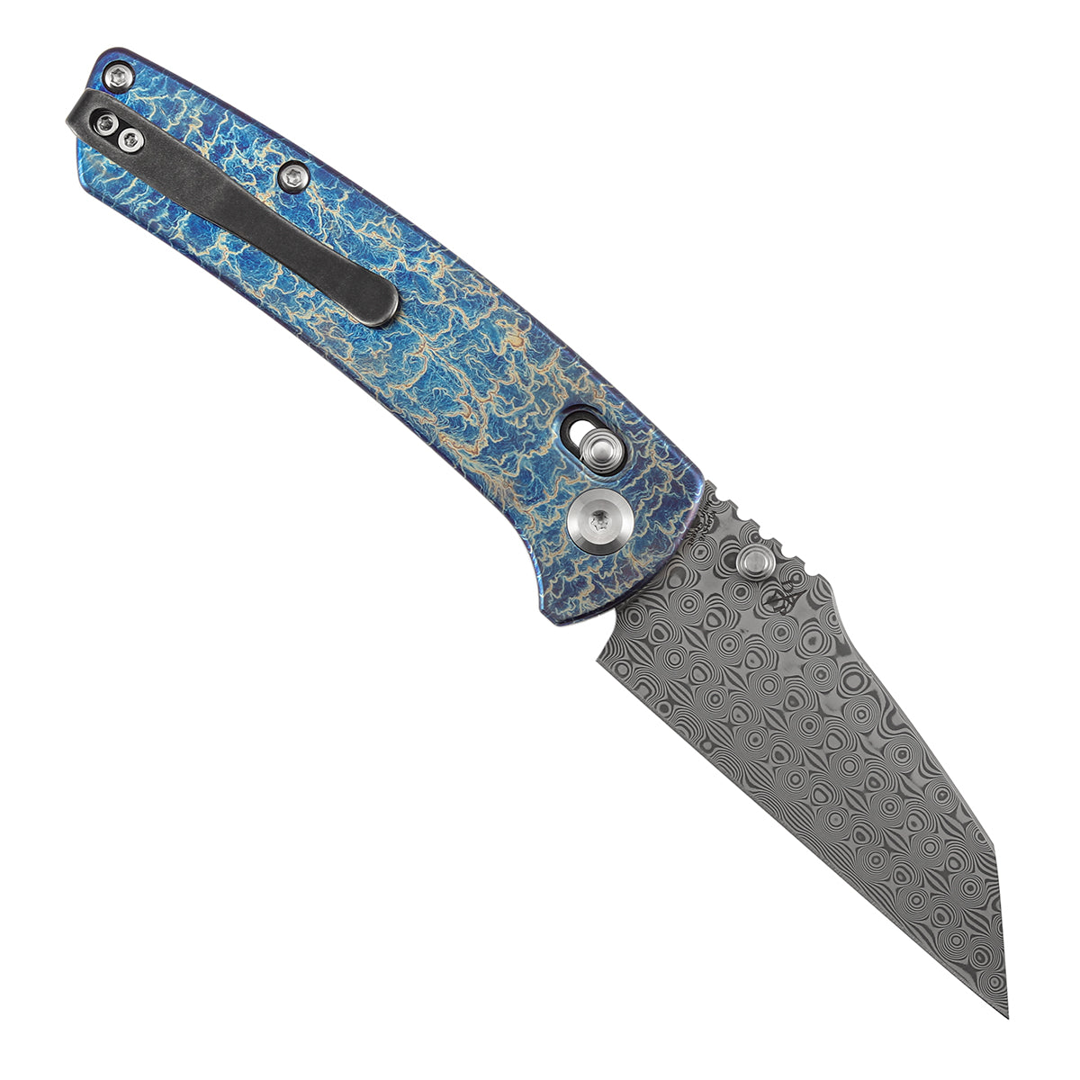 Kansept Main Street K1015V6 open position showing Damascus wharncliffe blade