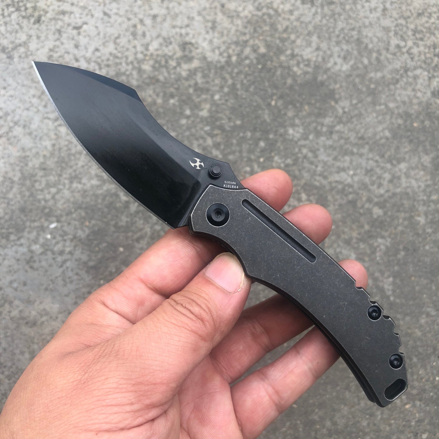 Kansept Pelican K1018A4 front view – 3.0" black coated CPM S35VN drop point folding knife