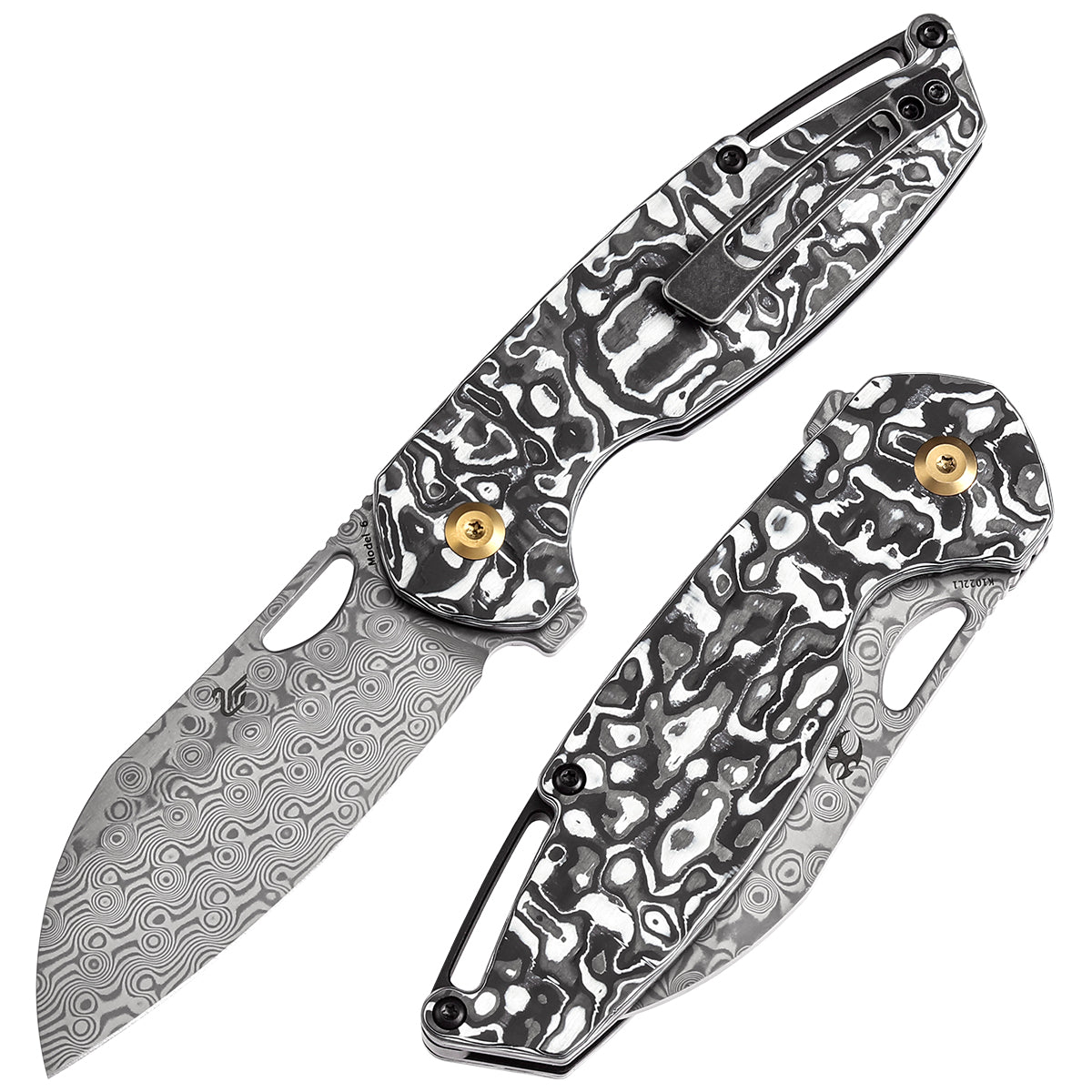Kansept Model 6 K1022L1 front view – 3.1" Damascus Wharncliffe left-handed folding knife