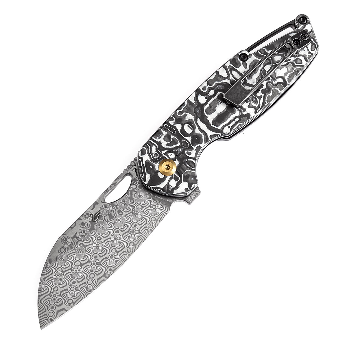 Kansept Model 6 K1022L1 open position showing Damascus Wharncliffe blade