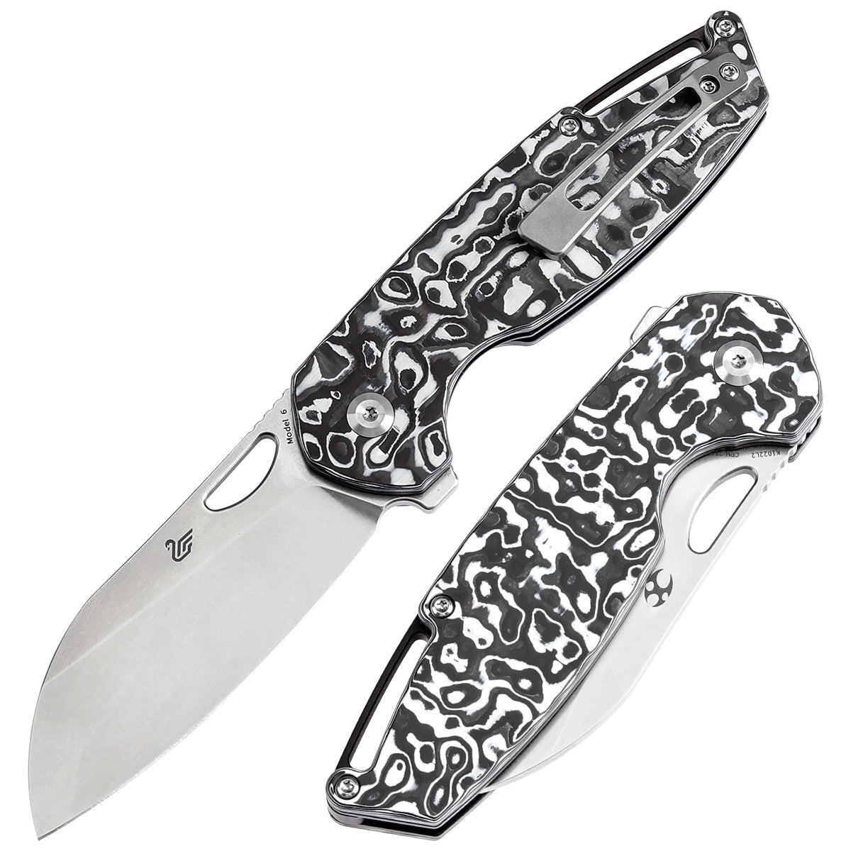 Kansept Model 6 K1022L2 front view – 3.1" stonewashed CPM 20CV Wharncliffe left-handed folding knife