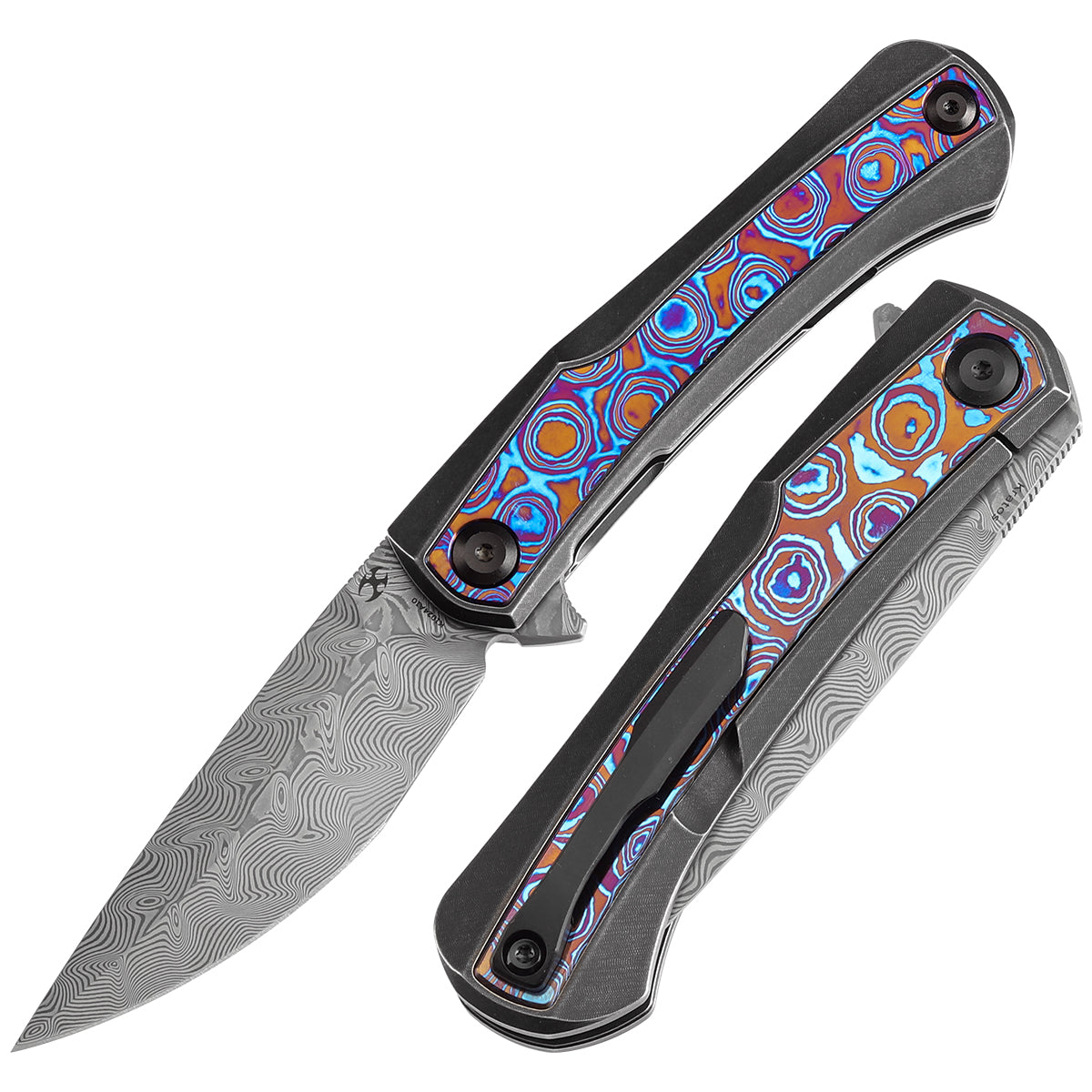 Kansept Kratos K1024A10 front view - 3.79" Damascus clip point folding knife