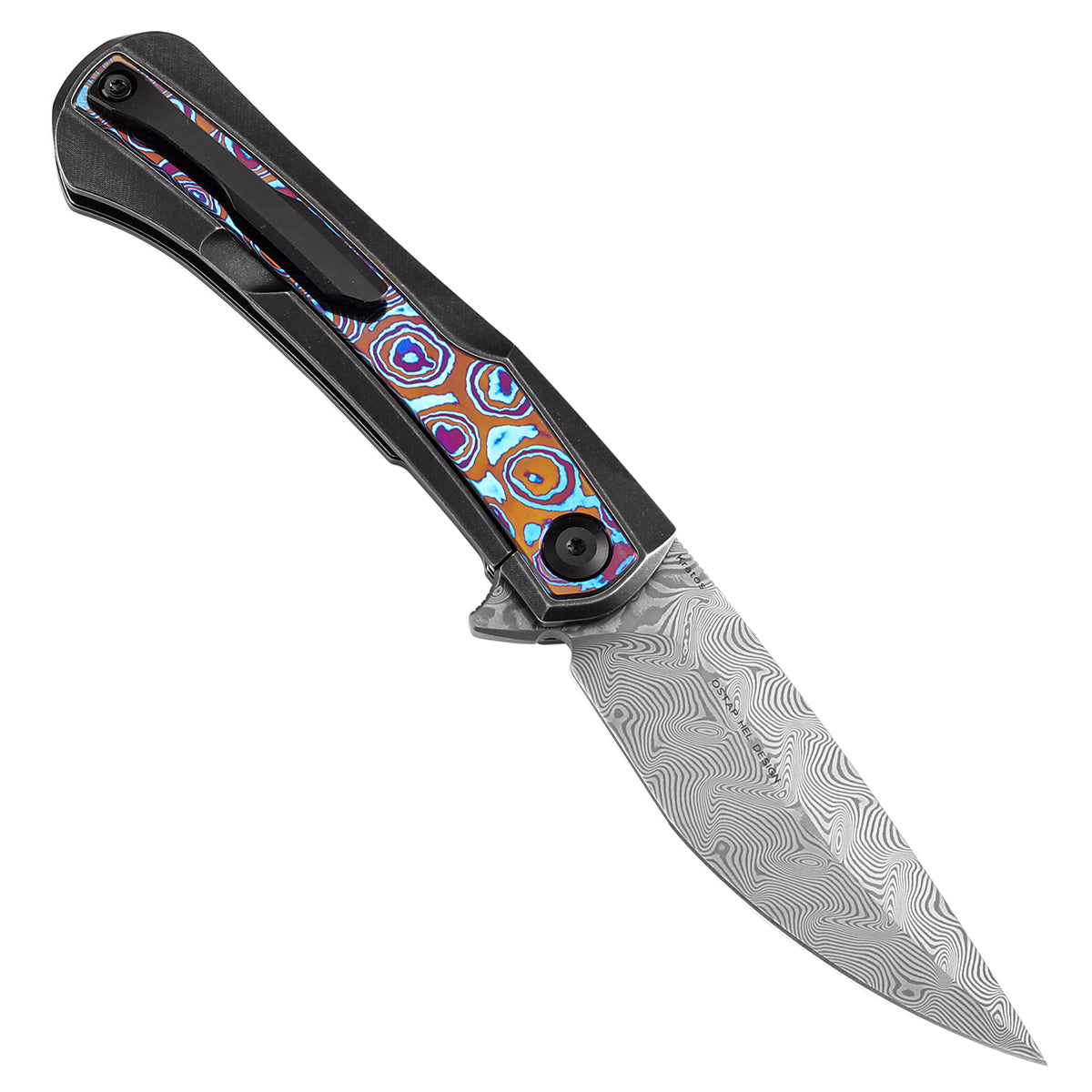 Kansept Kratos K1024A10 open position showing Damascus clip point blade