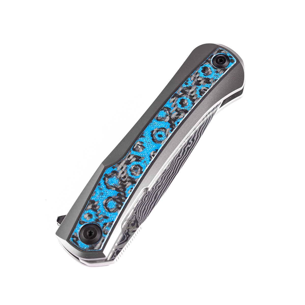 Kansept Kratos K1024A4 blade detail - Damascus clip point