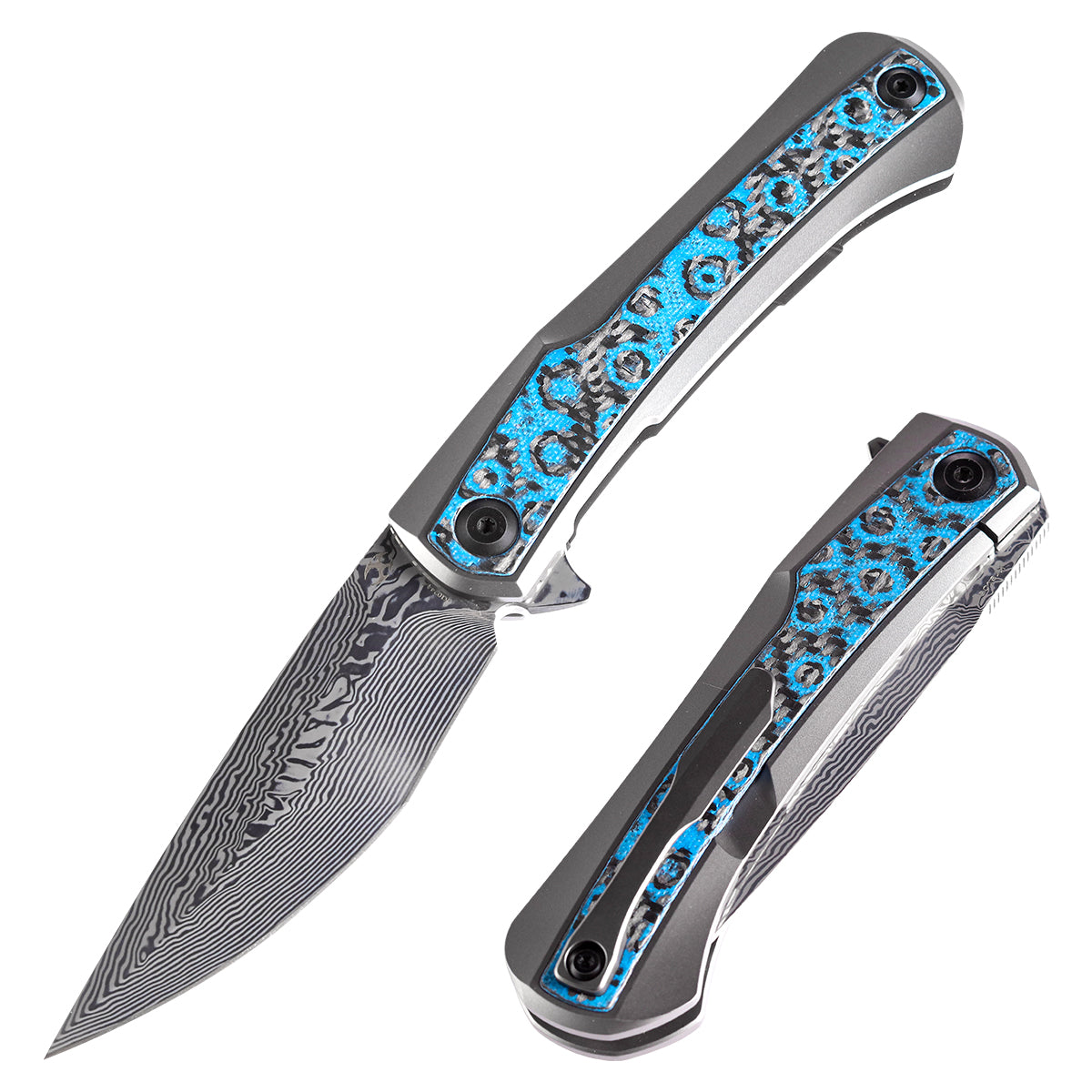 Kansept Kratos K1024A4 front view - 3.79" Damascus clip point folding knife