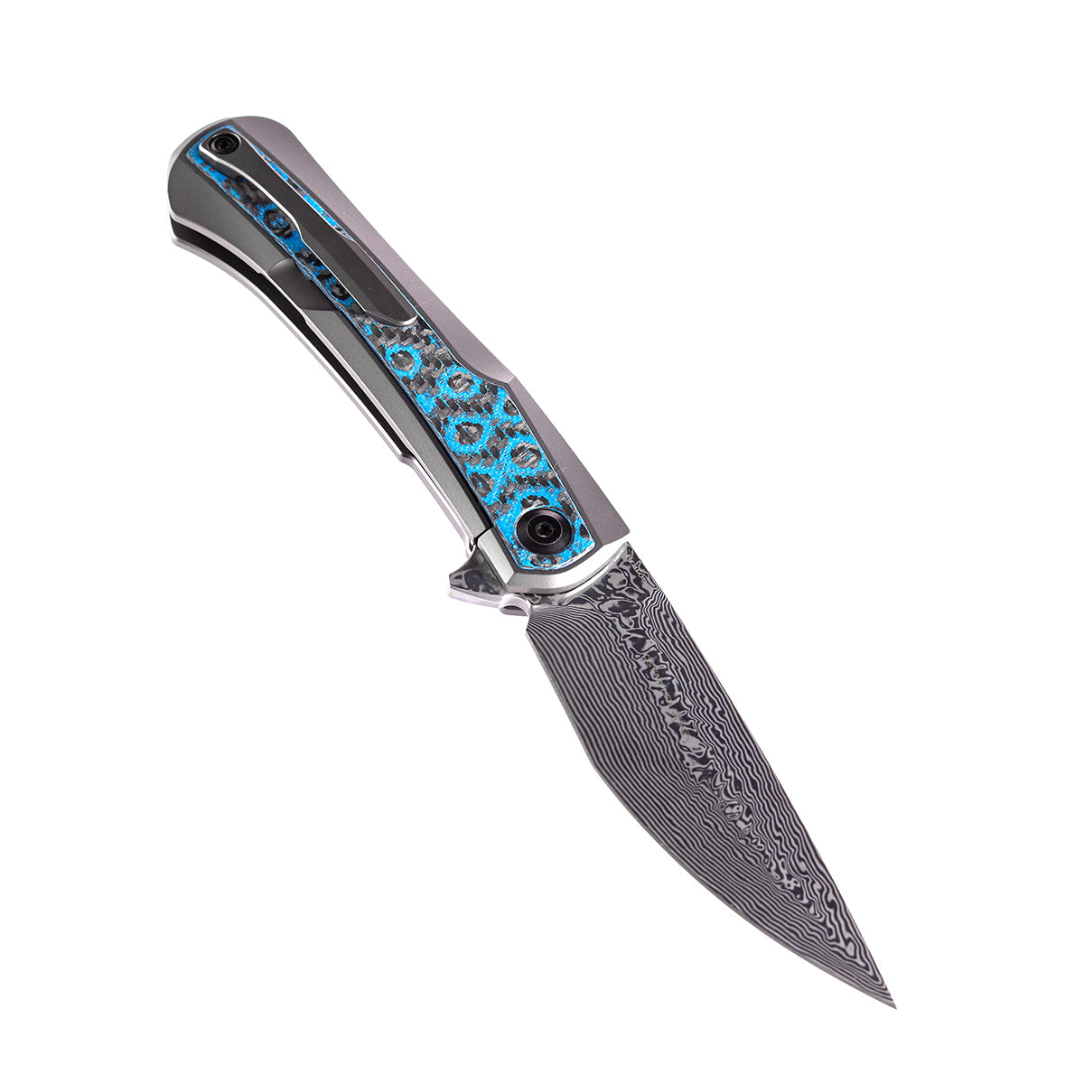 Kansept Kratos K1024A4 open position showing Damascus clip point blade