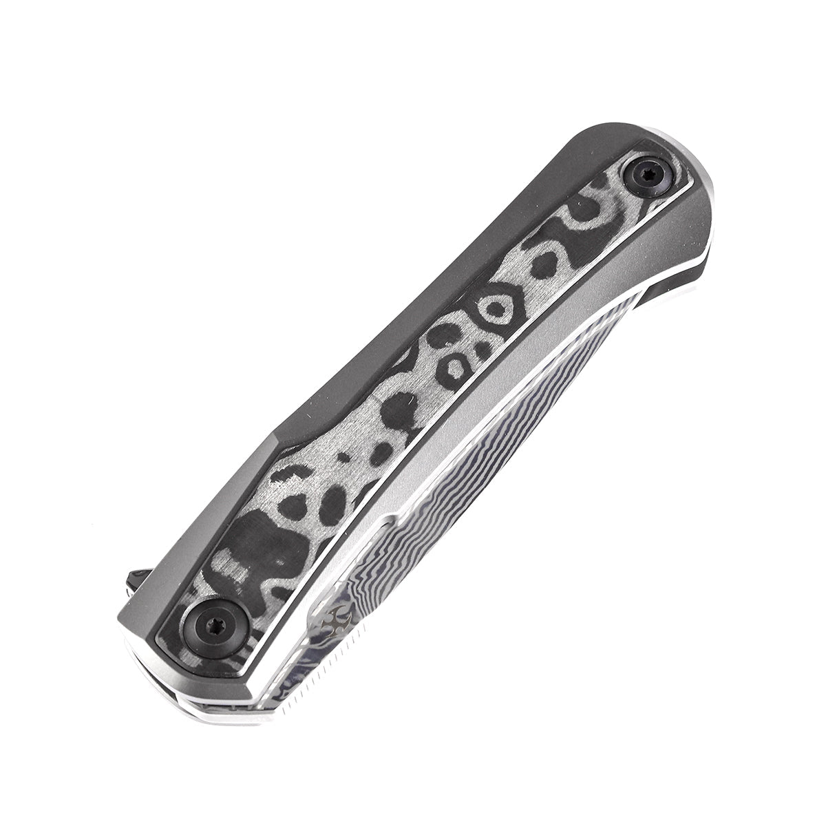 Kansept Kratos K1024A5 blade detail - Damascus clip point