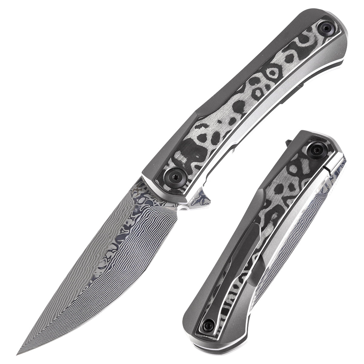 Kansept Kratos K1024A5 front view - 3.79" Damascus clip point folding knife