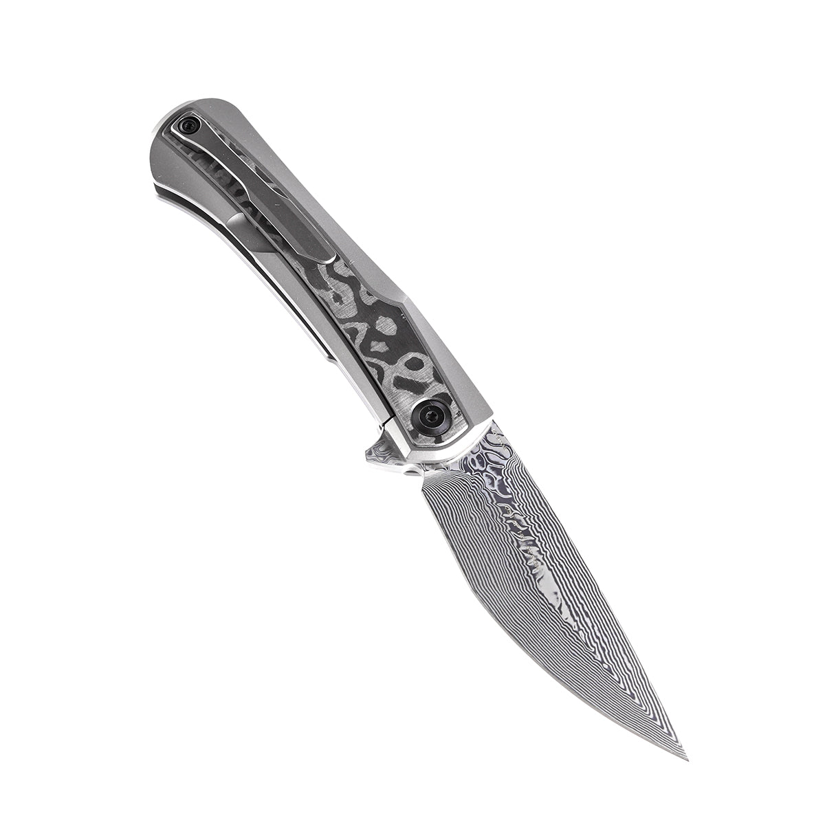 Kansept Kratos K1024A5 open position showing Damascus clip point blade