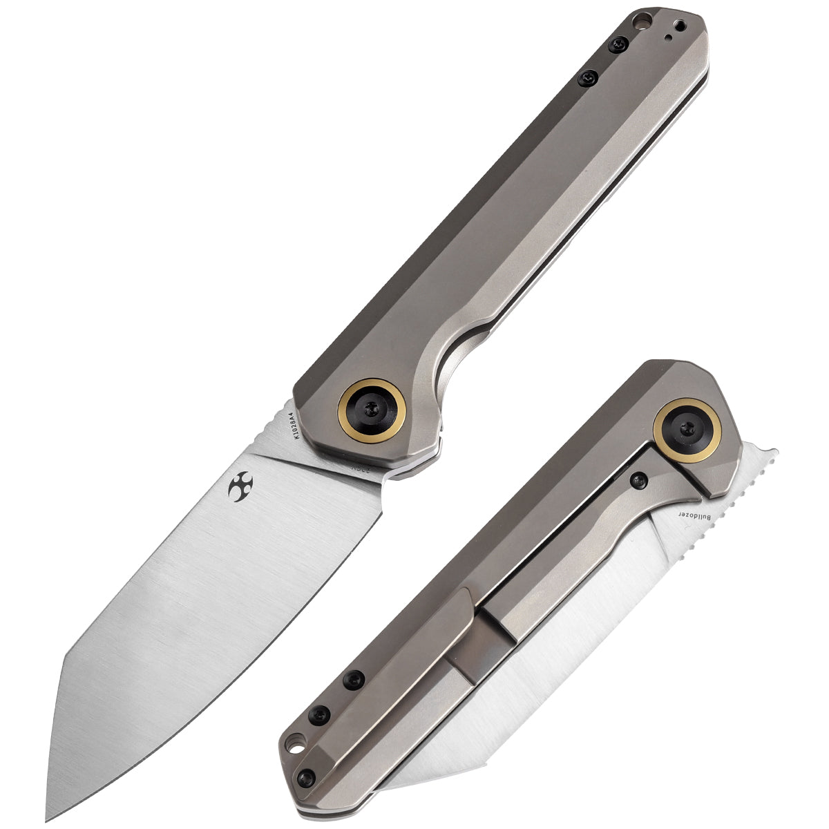 Kansept Bulldozer K1028A4 front view – 3.56" satin CPM-20CV drop point folding knife