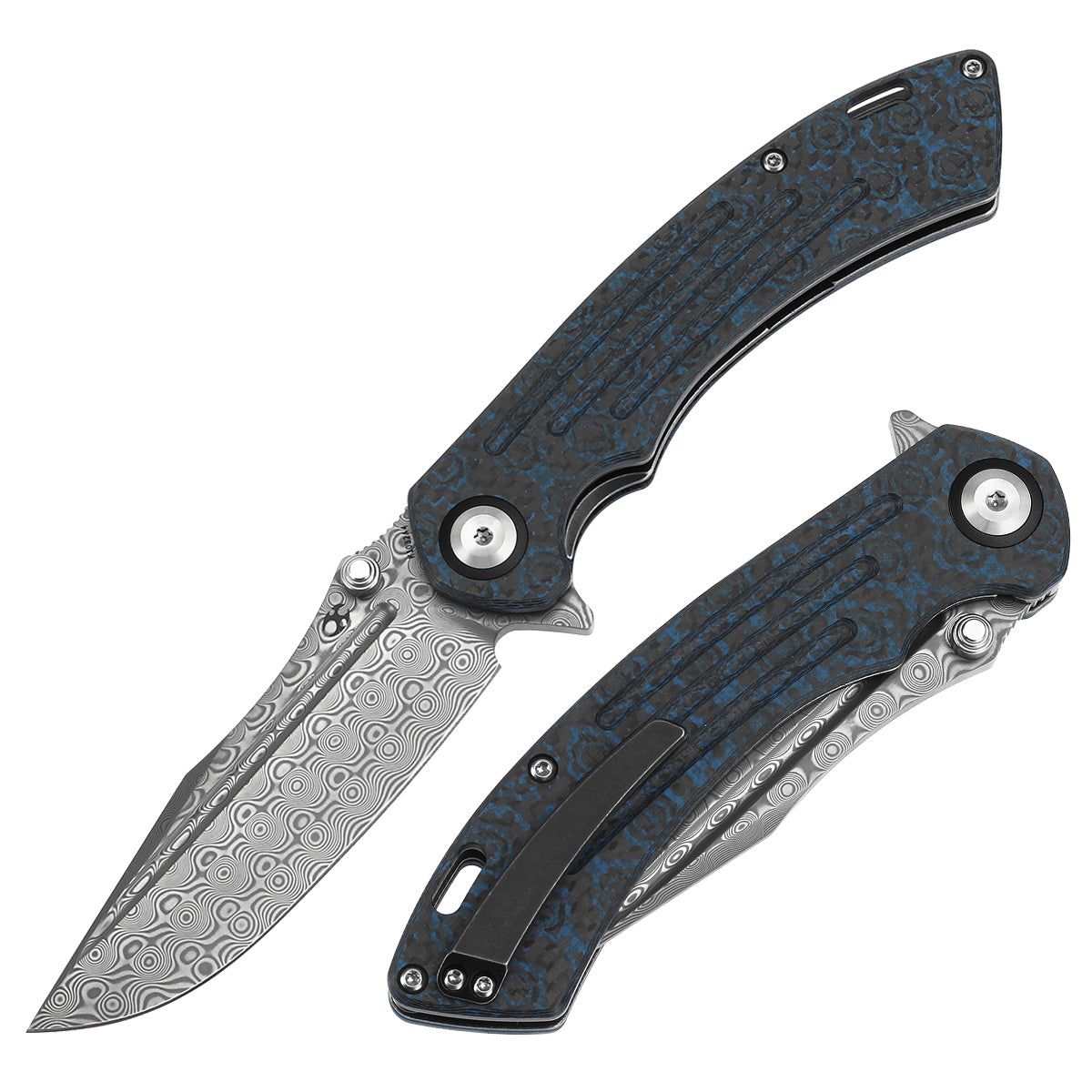 Kansept Pretatout K1032A4 front view – 3.56" Damascus drop point folding knife