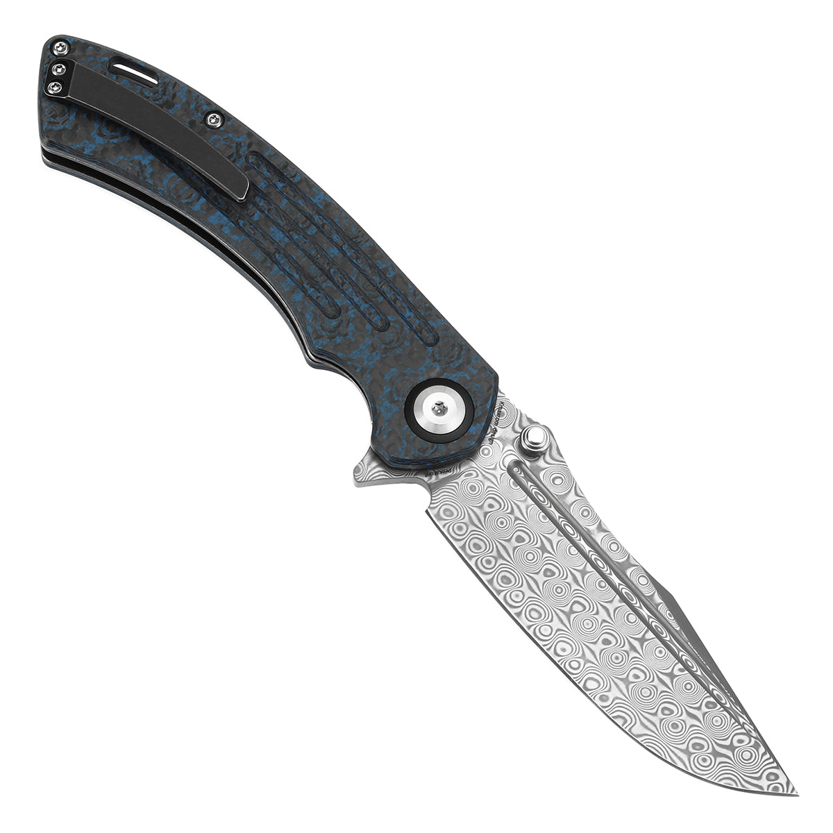 Kansept Pretatout K1032A4 open position showing Damascus drop point blade