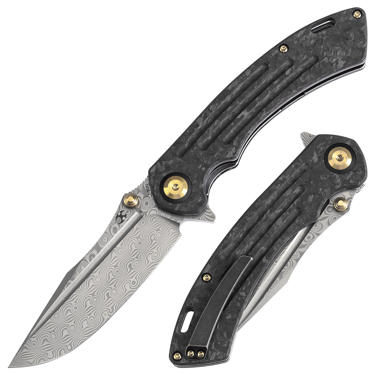 Kansept Pretatout K1032D2 front view – 3.56" Damascus drop point folding knife