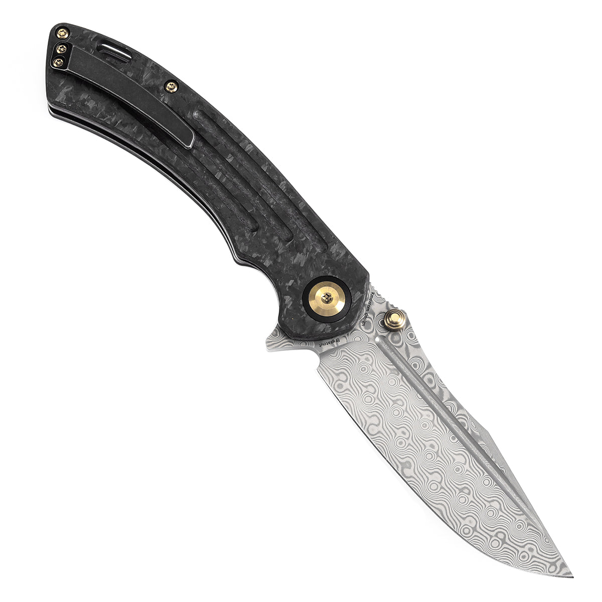 Kansept Pretatout K1032D2 open position showing Damascus drop point blade