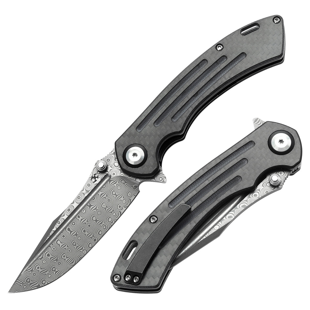 Kansept Pretatout K1032D3 front view – 3.56" Damascus drop point folding knife