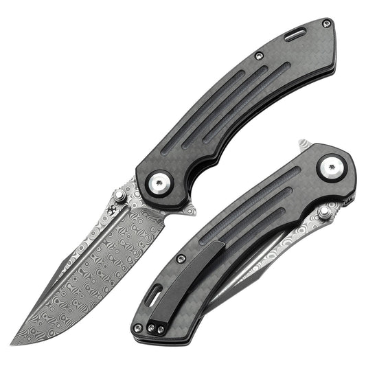 Kansept Pretatout K1032D3 front view – 3.56" Damascus drop point folding knife