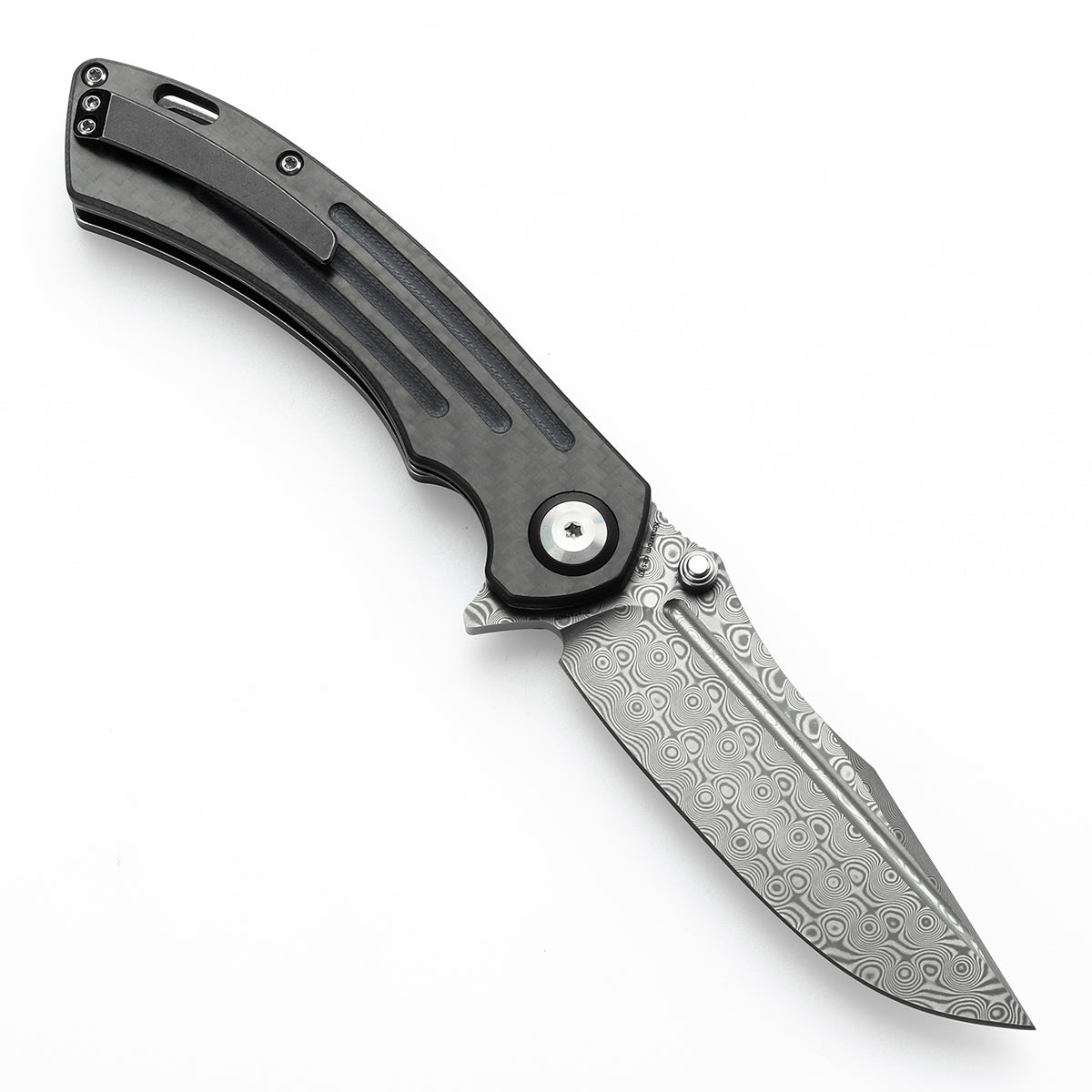 Kansept Pretatout K1032D3 open position showing Damascus drop point blade