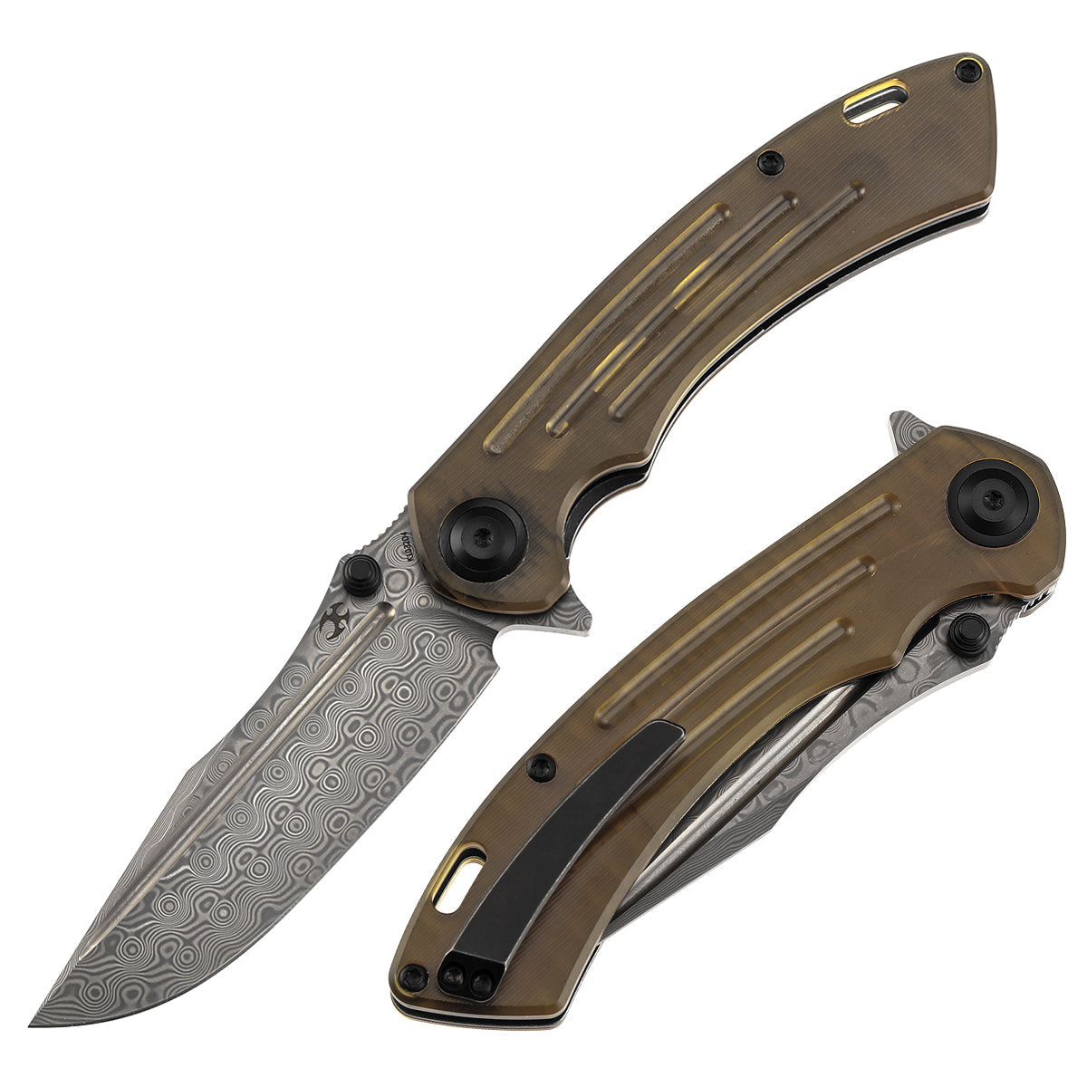 Kansept Pretatout K1032D4 front view – 3.56" Damascus drop point folding knife