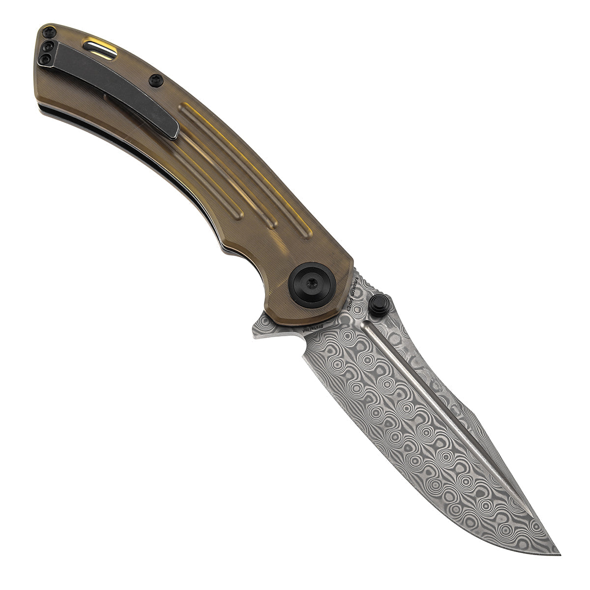 Kansept Pretatout K1032D4 open position showing Damascus drop point blade