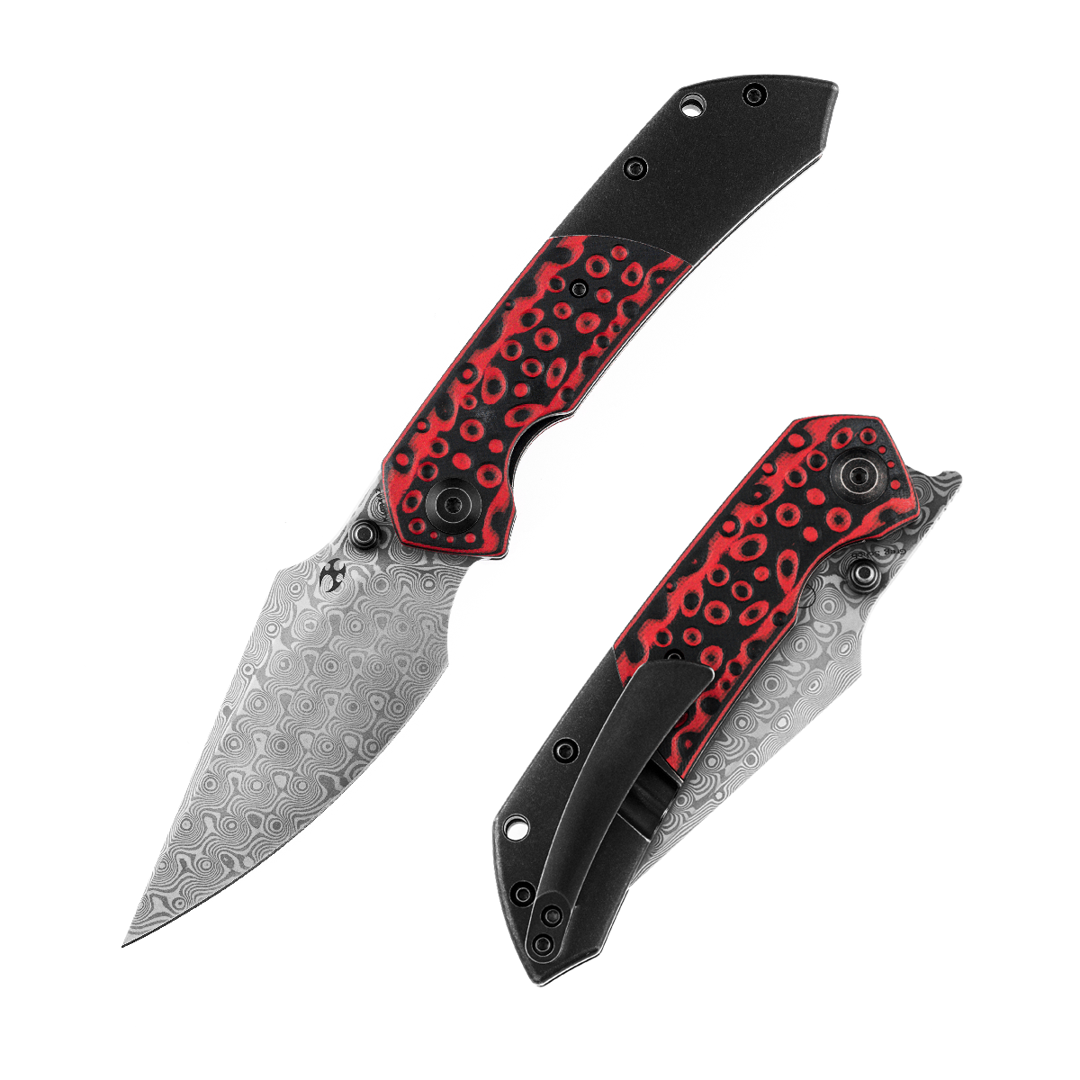 Kansept Fenrir K1034A2 front view – 3.48" Damascus harpoon folding knife