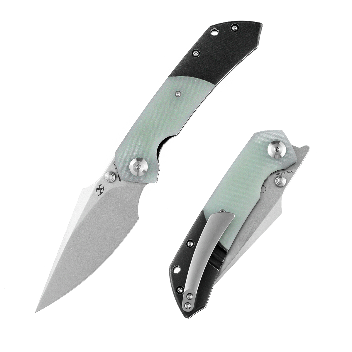 Kansept Fenrir K1034A5 front view – 3.48" stonewashed CPM-S35VN harpoon folding knife