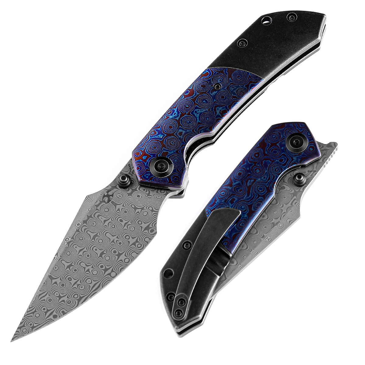Kansept Fenrir K1034A8 front view – 3.48" Damascus harpoon folding knife
