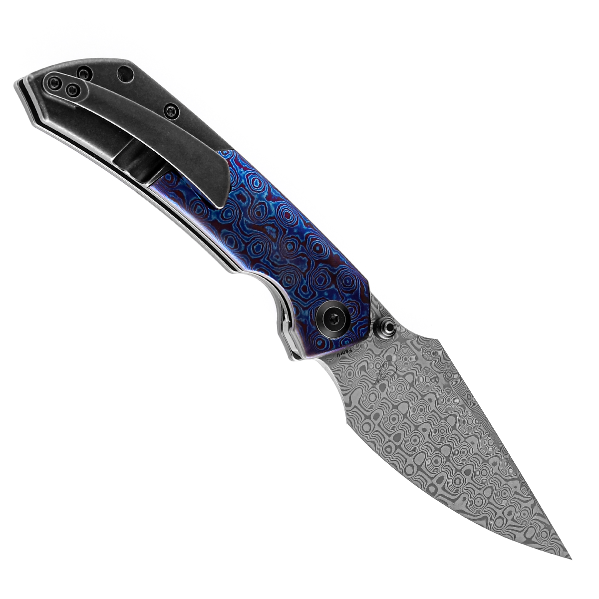 Kansept Fenrir K1034A8 open position showing Damascus harpoon blade