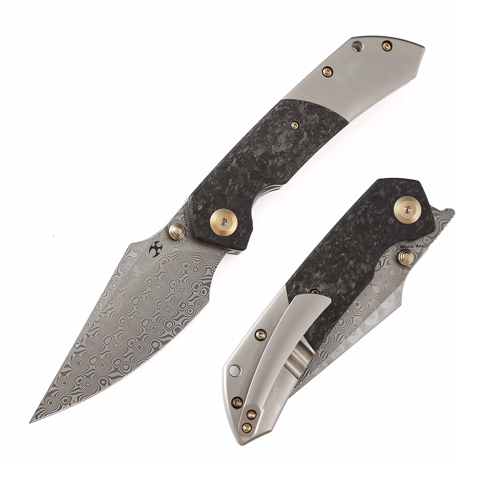 Kansept Fenrir K1034B1 front view – 3.48" Damascus harpoon folding knife