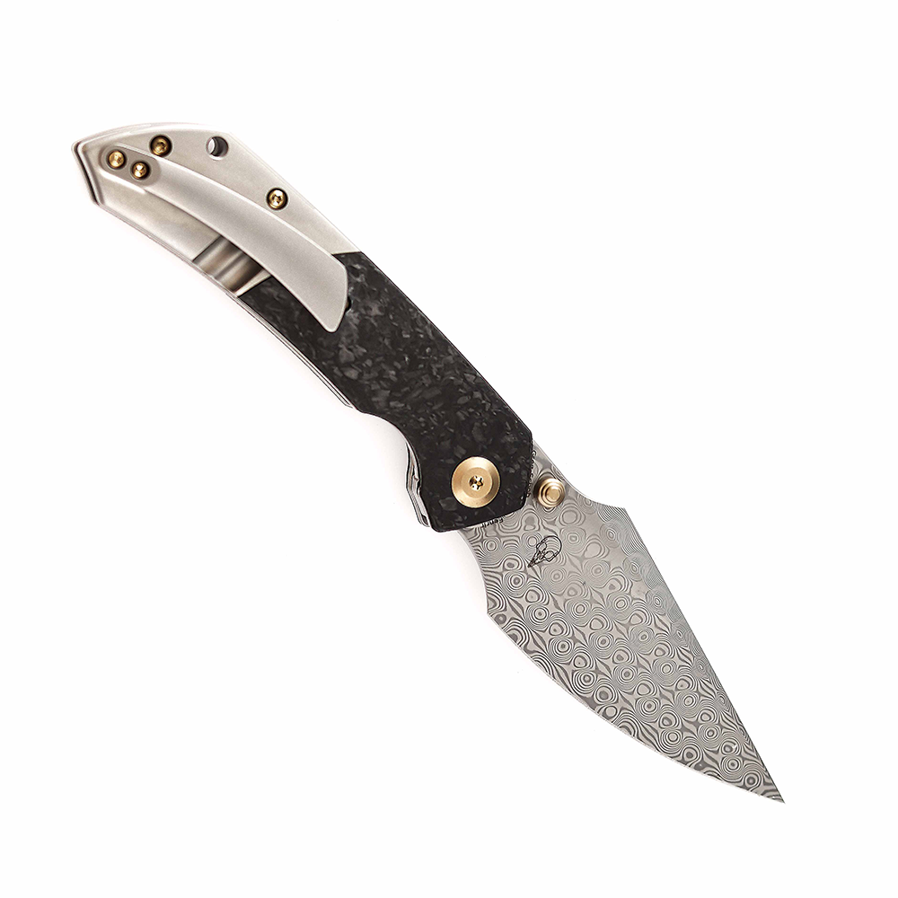 Kansept Fenrir K1034B1 open position showing Damascus harpoon blade