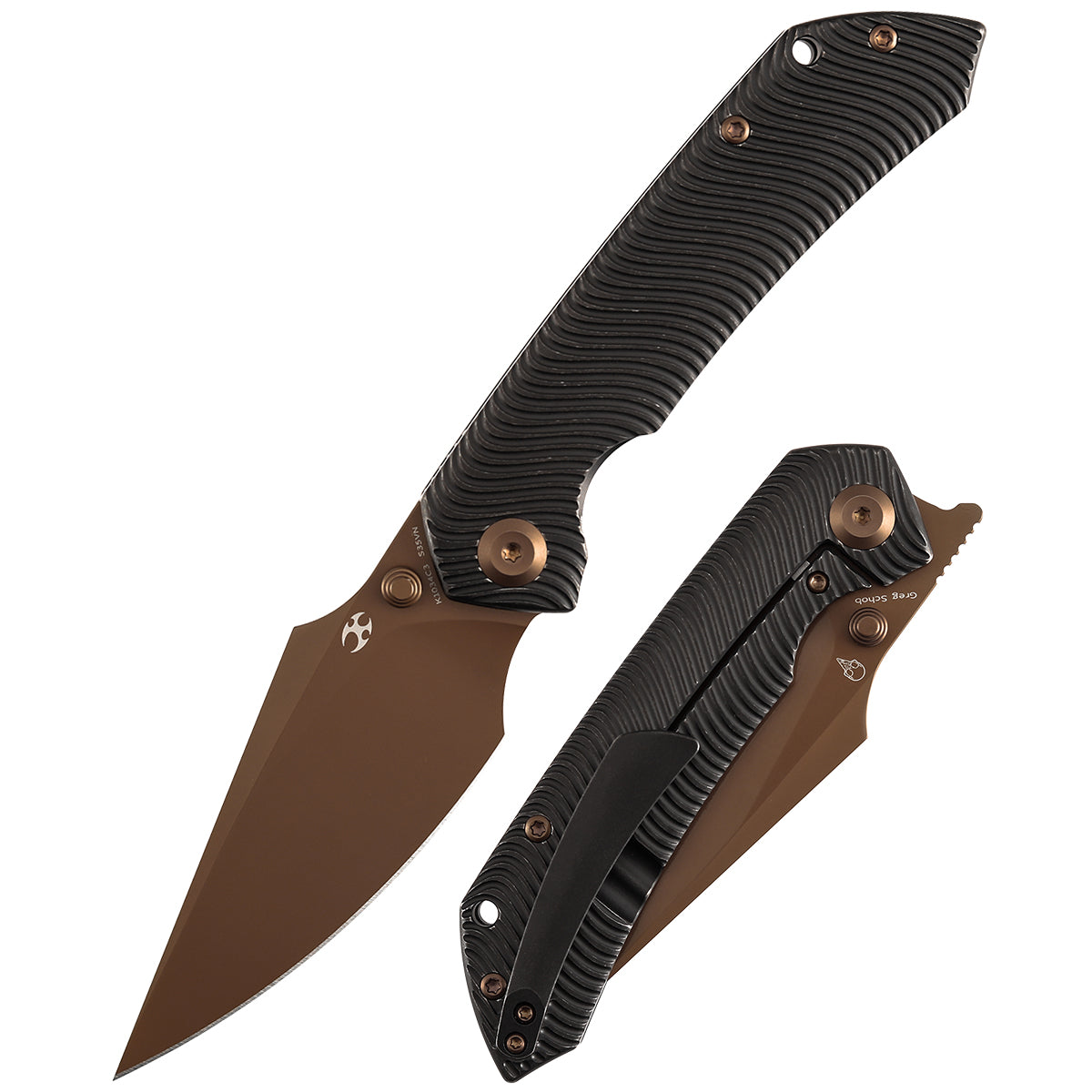 Kansept Fenrir K1034C3 front view – 3.48" rose gold CPM S35VN harpoon folding knife