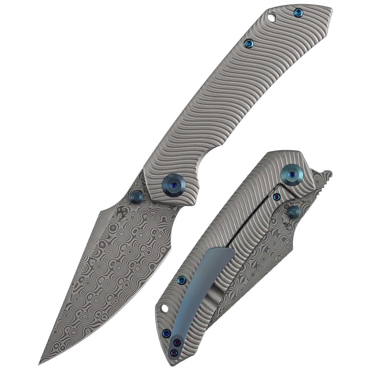 Kansept Fenrir K1034C4 front view – 3.48" Damascus harpoon folding knife