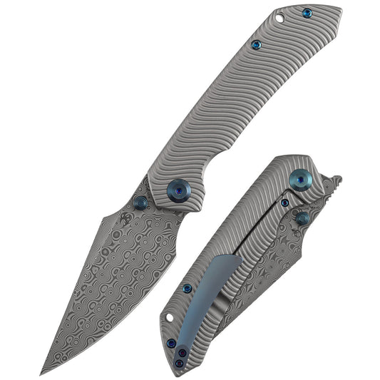 Kansept Fenrir K1034C4 front view – 3.48" Damascus harpoon folding knife