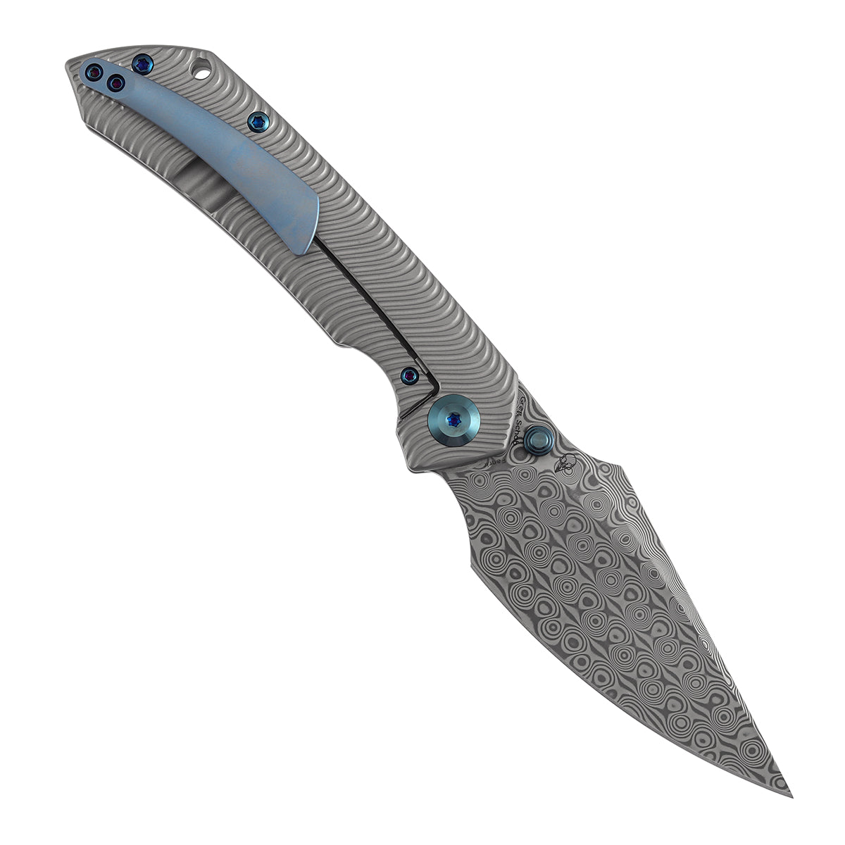 Kansept Fenrir K1034C4 open position showing Damascus harpoon blade