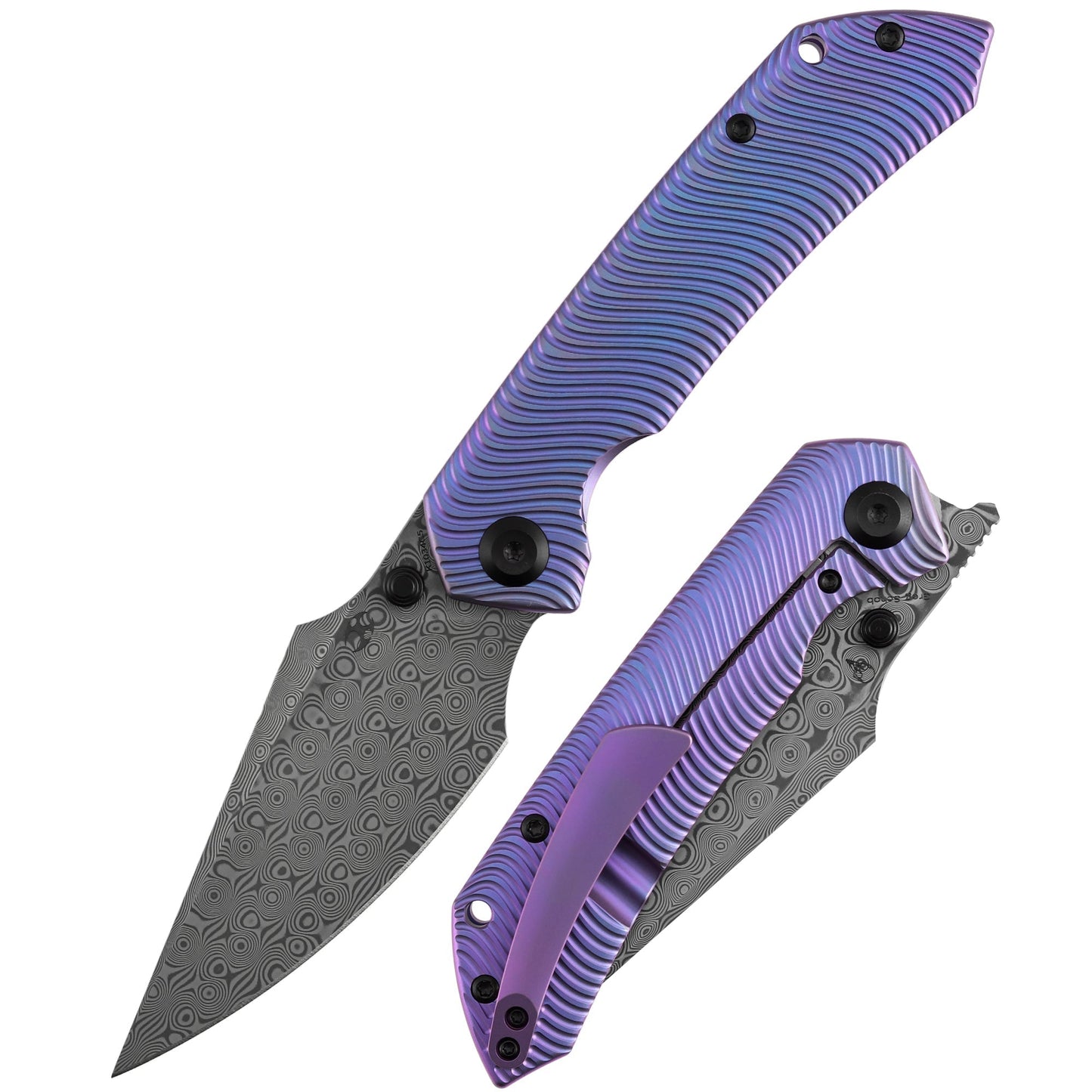 Kansept Fenrir K1034C5 front view – 3.48" Damascus harpoon folding knife