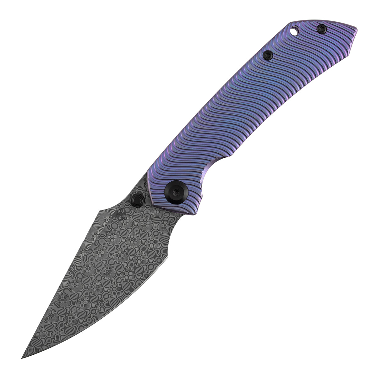 Kansept Fenrir K1034C5 open position showing Damascus harpoon blade