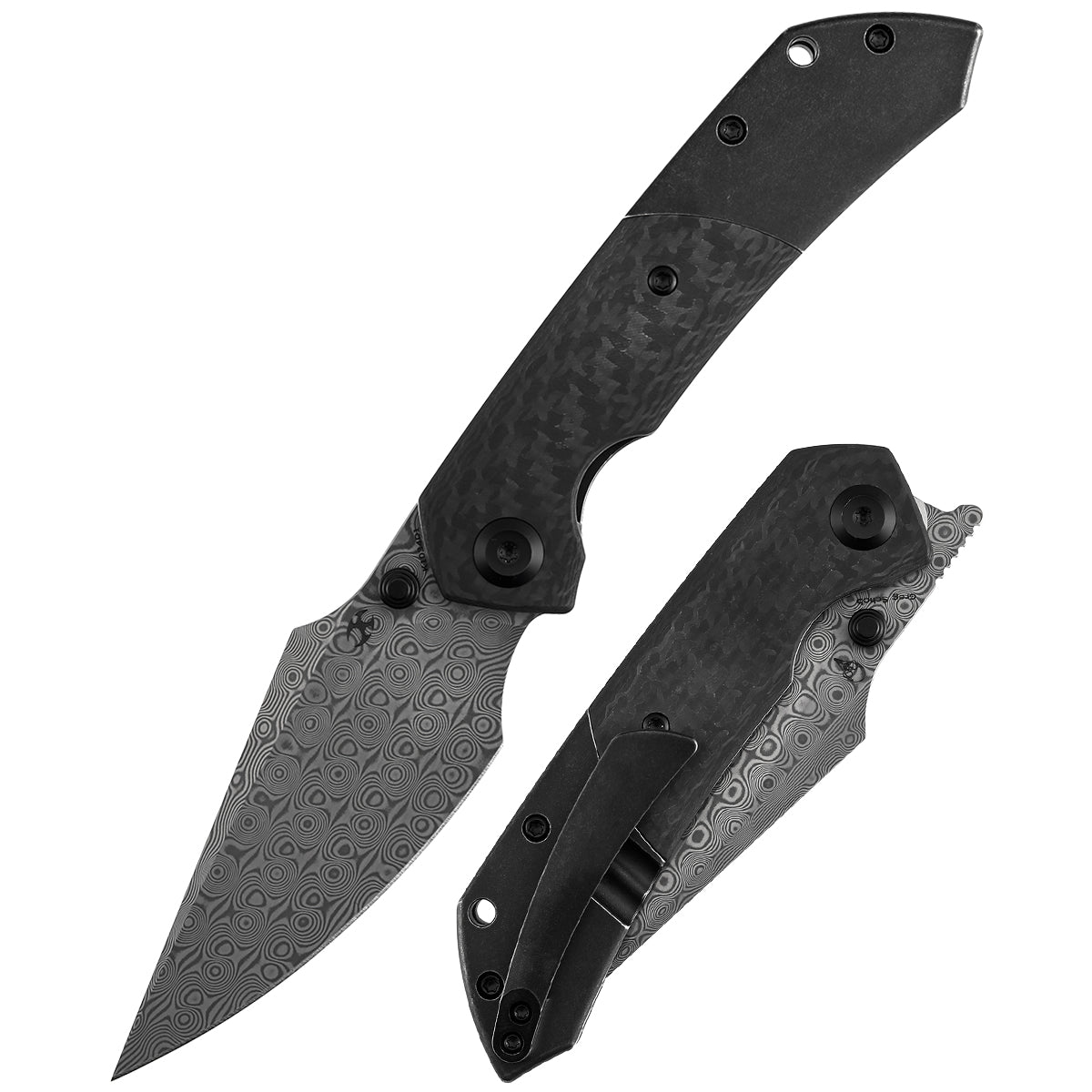 Kansept Fenrir K1034D1 front view – 3.48" Damascus harpoon folding knife