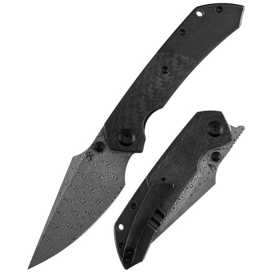 Kansept Fenrir K1034D1 front view – 3.48" Damascus harpoon folding knife