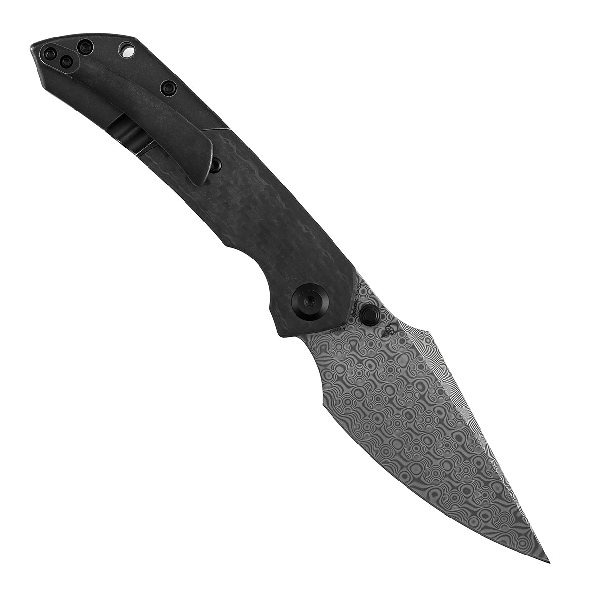 Kansept Fenrir K1034D1 open position showing Damascus harpoon blade