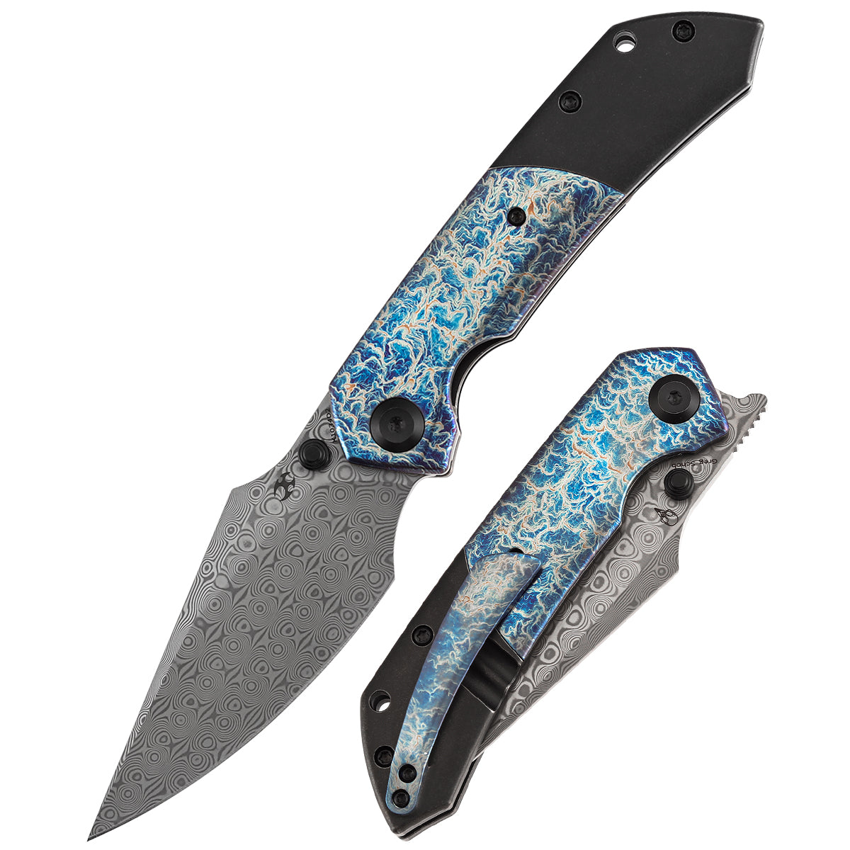 Kansept Fenrir K1034D2 front view – 3.48" Damascus harpoon folding knife